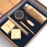 5pcs wooden corporate gift set (pen holder, bluetooth speaker, pen, flash drive, bottle) -