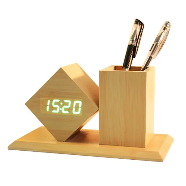 wooden pen holder with led clock